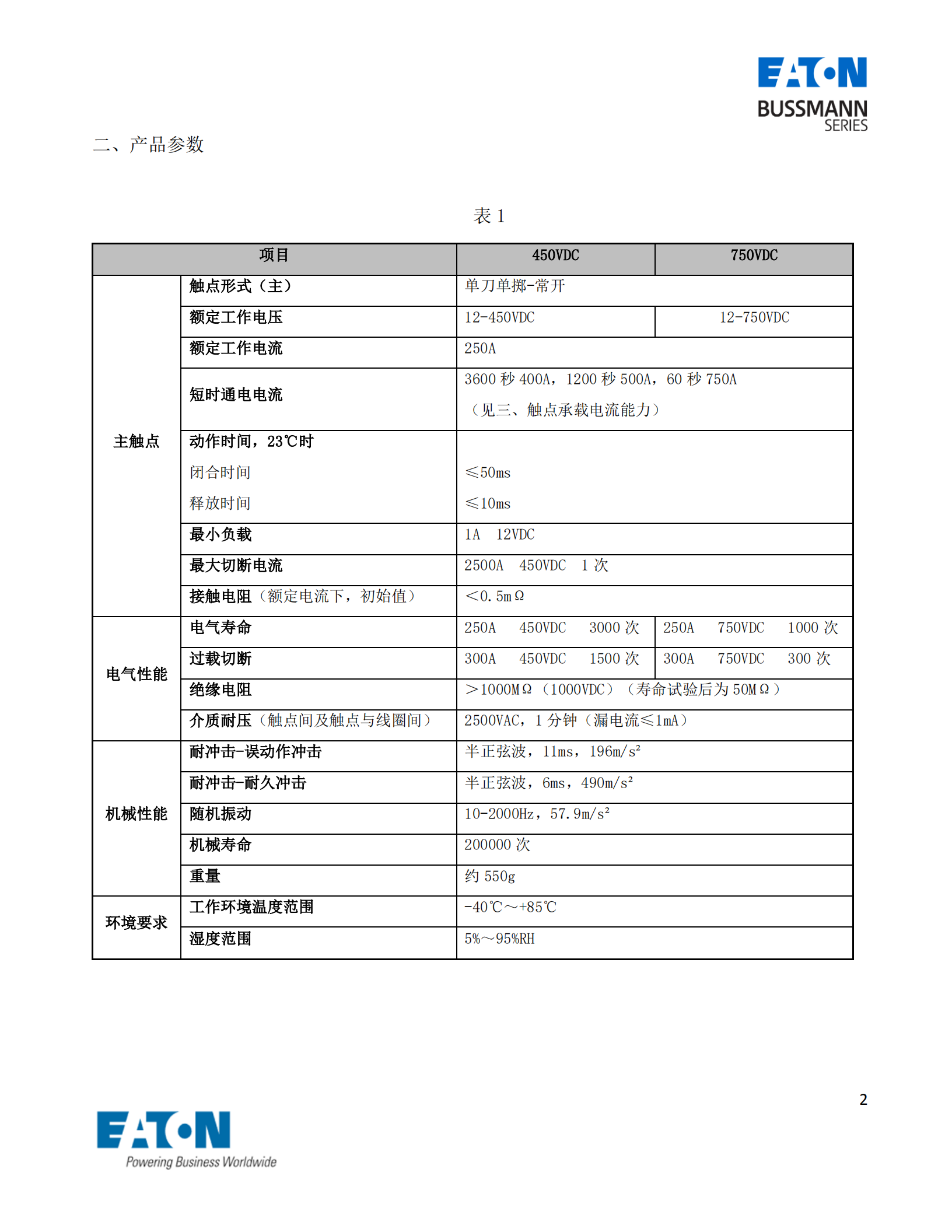 EVC-AB-250S直流接觸器產品參數(shù)